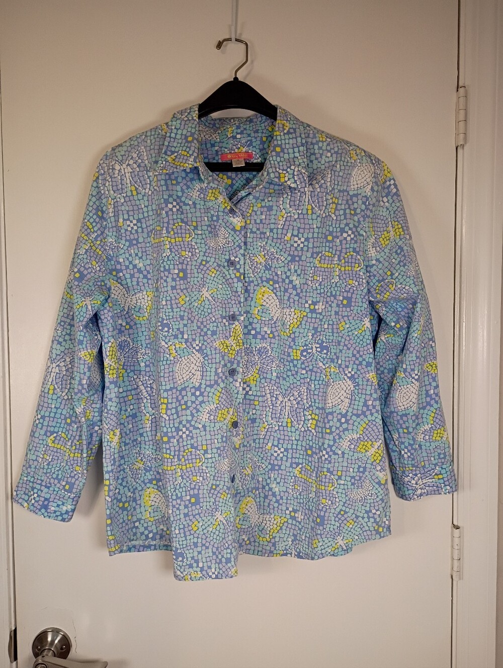 Key West Women's Long Sleeves Button Up padded Shoulders Butterflies Print Shirt